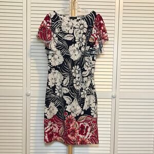 Violet B. Floral Scoop Neck Ruffled Stretch Short Sleeves Sheath Midi Dress L